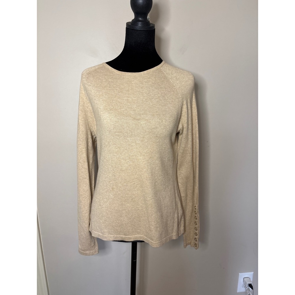 J.McLaughlin Tan Beige Jamey Crew Neck Button Trim Raglan Sleeve Sweater Small